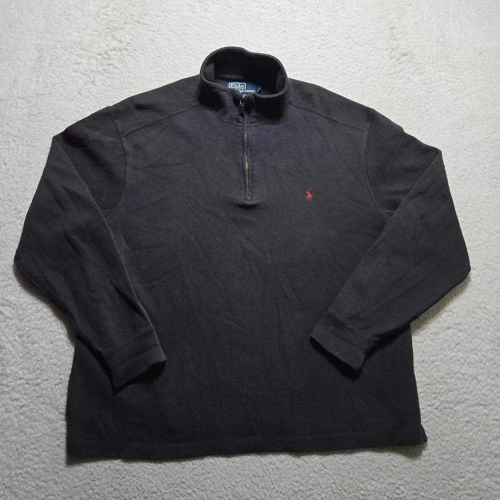 Vtg Polo Ralph Lauren 1/4 Zip Men's Size XL Black Thick 100% Cotton Sweater